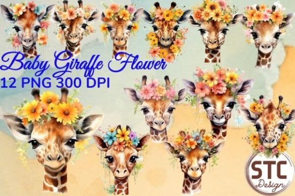 Cute Baby Giraffe Flower Watercolor PNG for Creative Projects