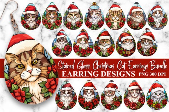 Stained Glass Christmas Cat Earrings: Festive Digital Art Assets