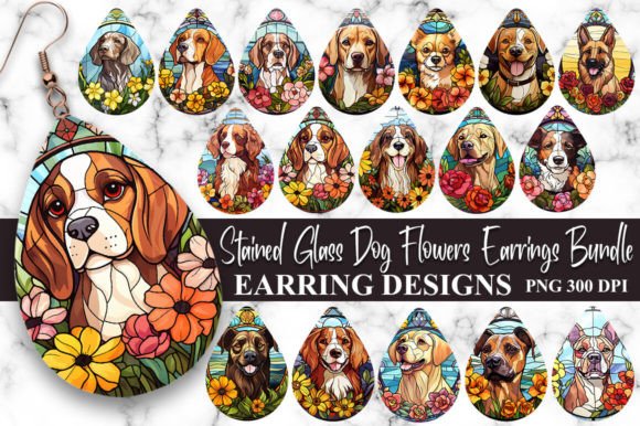 Stained Glass Dog Flowers Earrings Bundle: A Digital Asset for Whimsical Branding